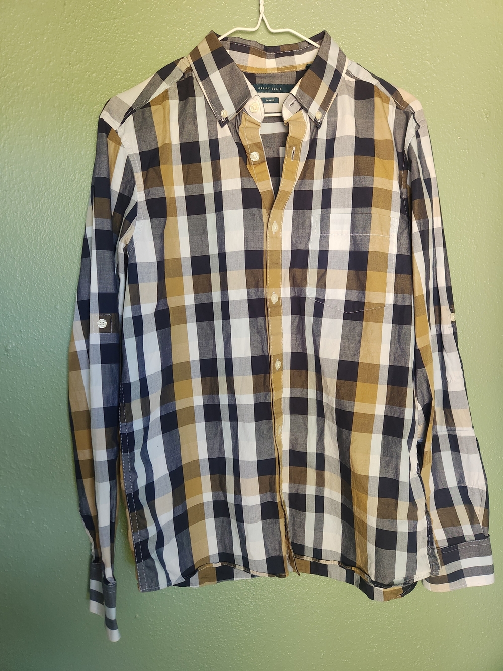 Perry Ellis Plaid Button-Down Shirt in Navy, White & Tan
